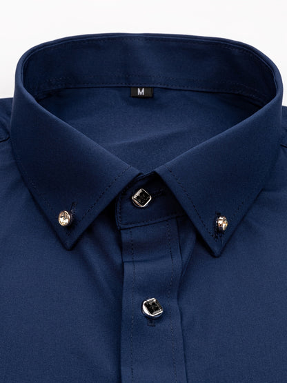 Father'S Day Gift Choice, Men'S Long Sleeve Button Shirt, Crystal Button Design, Solid Color Plain Formal Business Attire, Great As Gift for Party, Wedding, Date Dress Shirt
