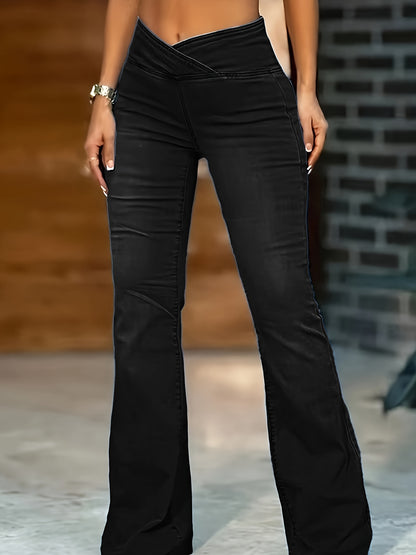 Women's High-Waisted Stretch Jeans - Wide-Leg Bell-Bottom Flared Pants with Cross-Waist , -Like Rayon//Spandex (75/23/2%), All-Season Casual to Dressy Wear, Wrinkle-Resistant Trousers