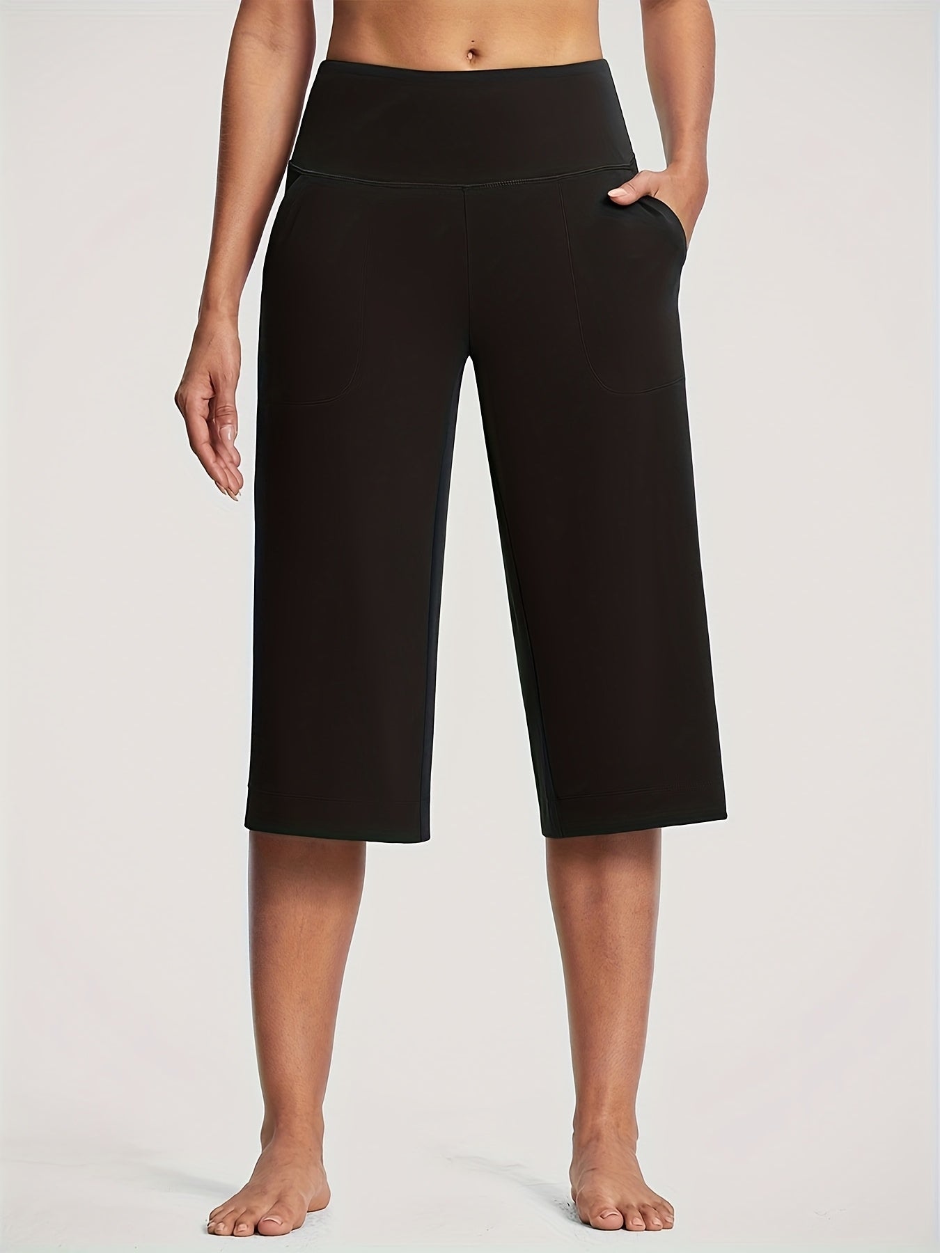 18'' Women's High-Waisted Wide Leg Yoga Capri Pants with Elastic Waist - Loose Comfortable Stretchable Soft Pants Suitable for Yoga, Workout, Casual & for Business Occasions - Spring Summer Fall Wearable with Practical Pockets (No Needed)