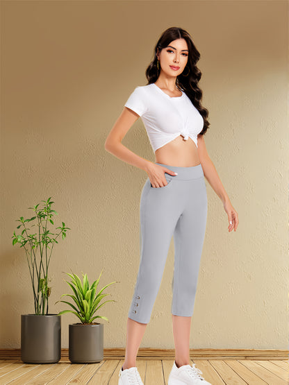 Women's Pull On Straight Leg Capri Pants Stretch Comfort Fit with Eyelet Detail And Two Pockets