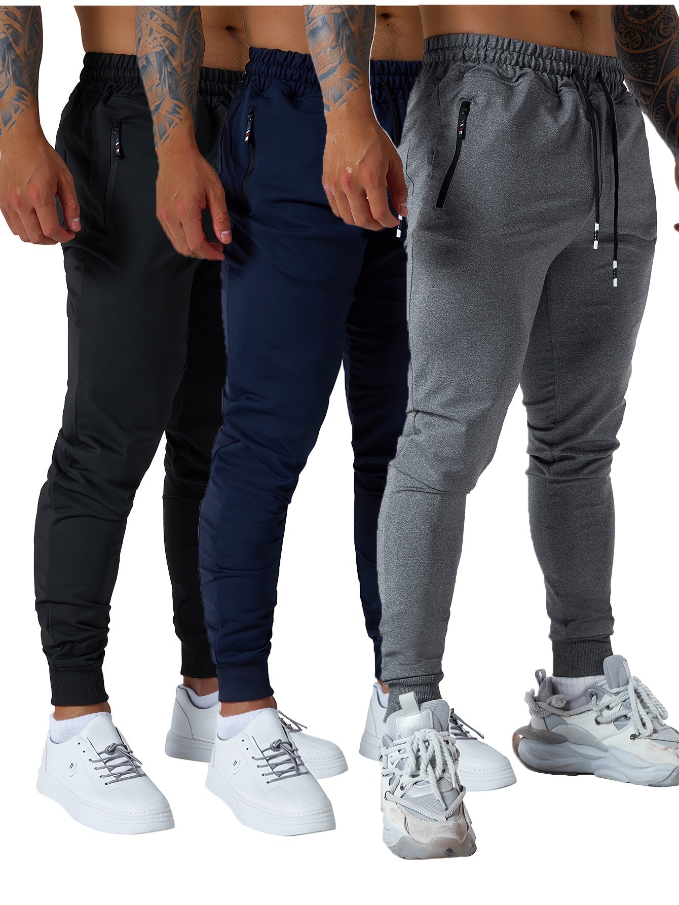 3PCS Men's Sweatpants with Zipper Pockets Tapered Joggers for Men - Athletic Pants for Workout, Jogging, Running - Breathable & Comfortable Fabric - Suitable for Men - Perfect for Fitness Enthusiasts
