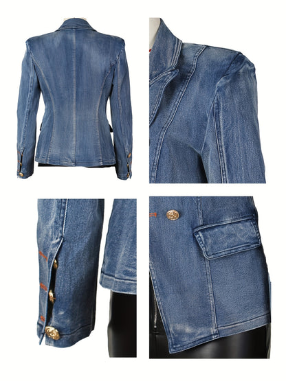 [Business Casual Blazer] Blazers for Women Business Casual Denim Long Sleeves Lapel Double Breasted Jacket