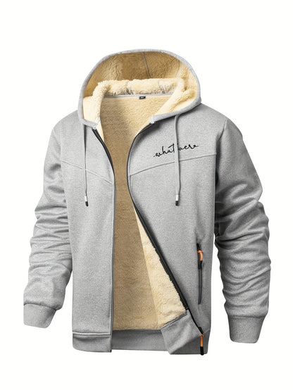 Men'S Winter Fleece Set: Zip-Up Hooded Thick Jacket with Sherpa-Lined Pants, Thermal Comfort, Zippered Pockets for Convenient Daily Wear, Embellished with Exquisite Embroidery
