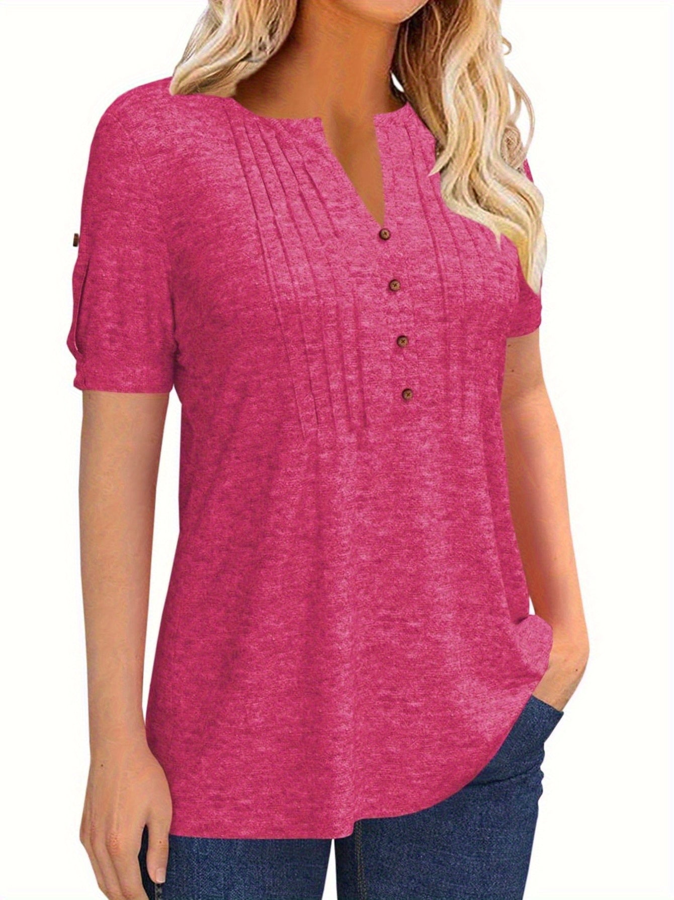 Casual Short-Sleeve Blouse for Women with a Solid Color, Featuring a Pleated Design, Buttoned V-Neck, And a Zipper