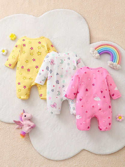 Fashionable Cute Unicorn Printed Pattern Footed Overalls 3pcs Set for Baby Girls, Perfect for Outdoor