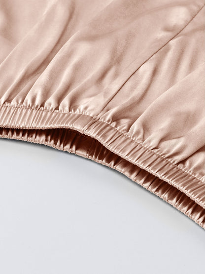 3pcs Women'S Satin Pajama Set - Casual Solid Color Long Sleeve Shirt & Elastic Waist Pants, Lapel Collar, Button Detail, Fall/Winter Sleepwear