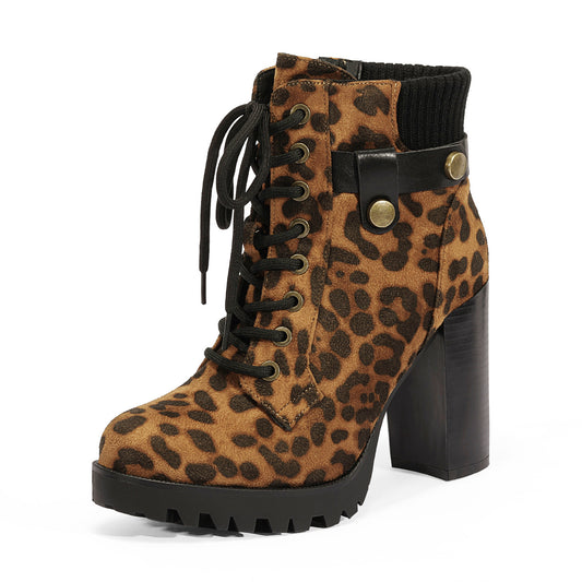 Women Short Boots Fall Winter Boots Women's Lace up Combat Ankle Boots High Chunky Heel Fashion Heeled Booties Shoes Black Boots