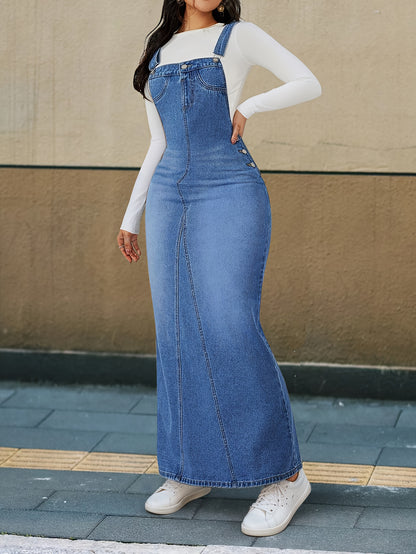 [Durable Denim Dress] Durable Denim Dress - Women's Non-Stretch Loose Fit Long Skirt with Detachable Strap, Multiple Buttons for Easy Closure, Everyday to Formal Outfits - Casual Chic Outwear, Versatile Outfit Option