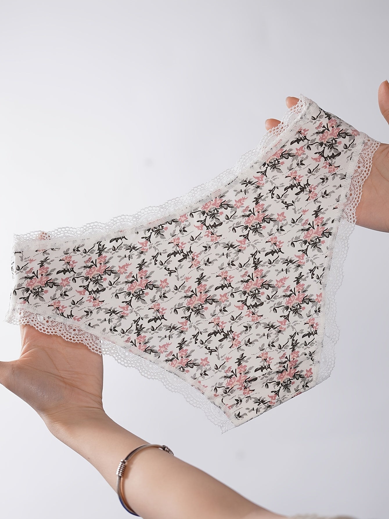 5-Pack Women'S Triangle Panties with Floral Print, Nude Comfortable Soft Stretchy Large Size Underwear with Bow Decoration, Simple Elegant Breathable Briefs - 2025 New Arrival