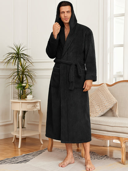 Men'S Thickened Flannel Hooded Bathrobe - Soft Plush Long Sleeve Robe with Pockets, Warm & Breathable Winterrobe for Home, Spa