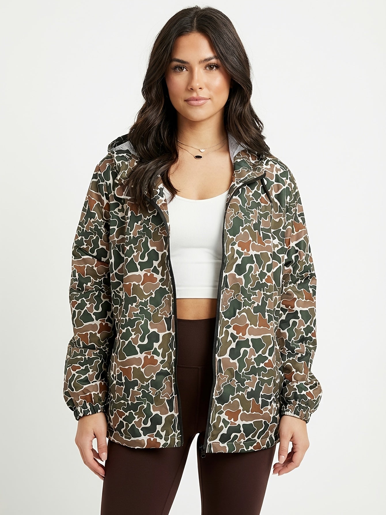 Camo Hooded Jacket Women's, Streetwear Windbreaker, Casual Fall Outerwear, Fashion Hoodie for Daily Wear
