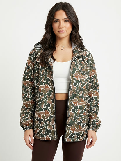 Camo Hooded Jacket Women's, Streetwear Windbreaker, Casual Fall Outerwear, Fashion Hoodie for Daily Wear