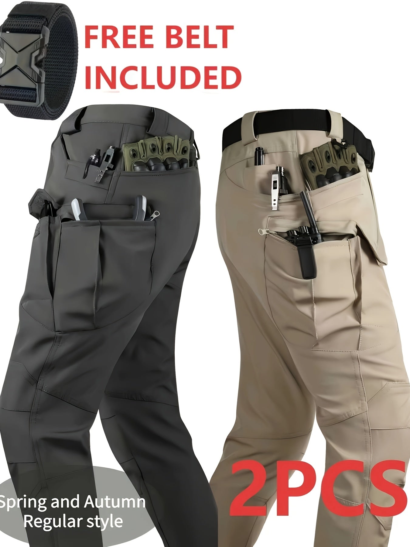 2-Pack Men'S Outdoor Tactical Cargo Pants, Multifunctional Pockets, Lightweight And Durable Work Pants, (Belt Included) Suitable For Camping, Hiking And Fishing, Suitable For Spring, Summer And Autumn Seasons