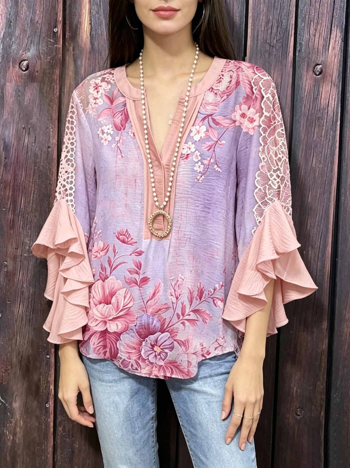 [Holiday Tops] Women's Blouse Ruffle Print Paisley Stylish Modern 3/4 Length Sleeve V Neck Regular Tops Daily Holiday Blue Black Wine Khaki Summer