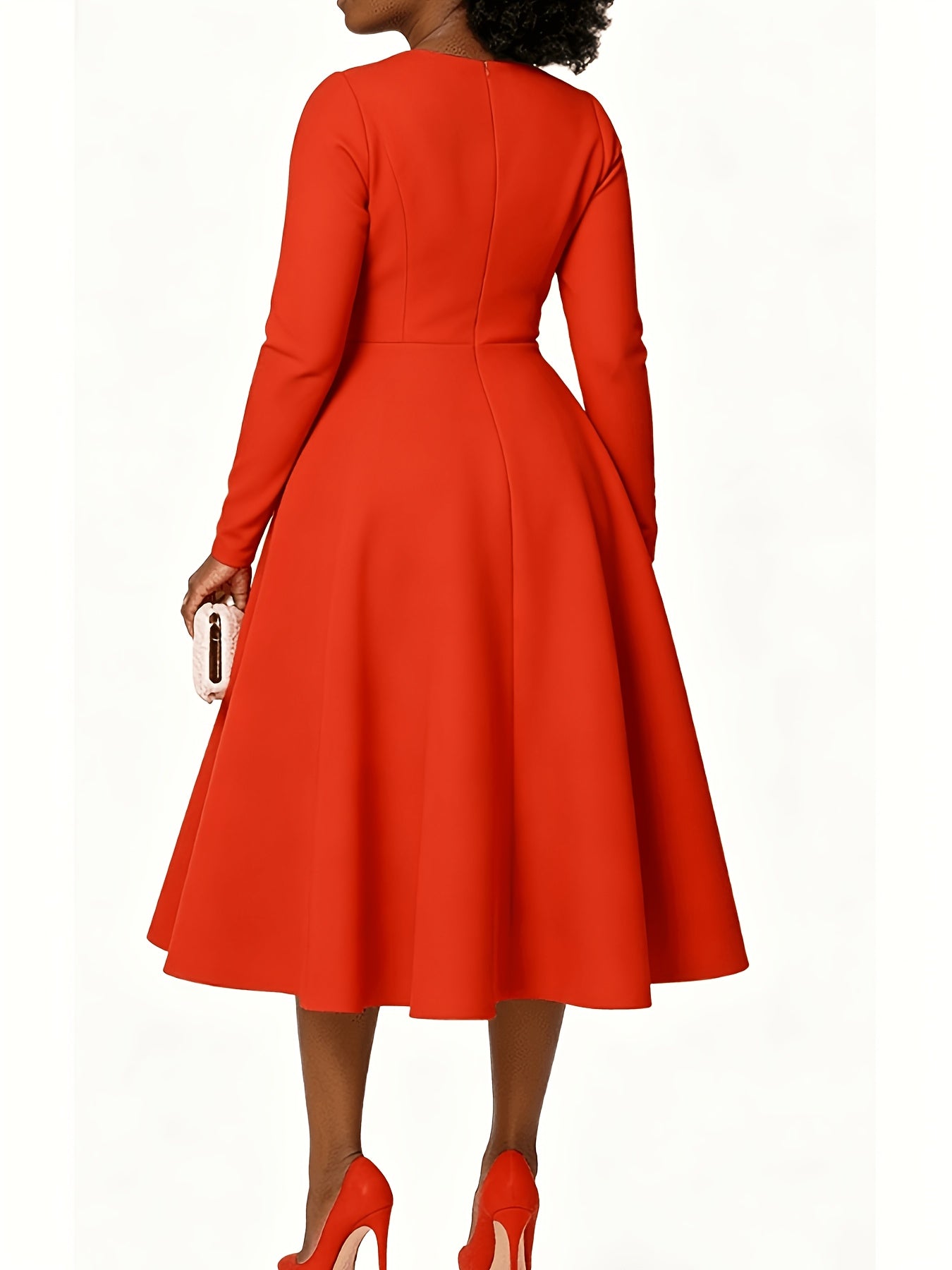 Plus Size - Plus Size Women'S Solid Color Round Neck Long Sleeve Back Pleated Flared Dress Autumn And Winter Elegant Long Dress