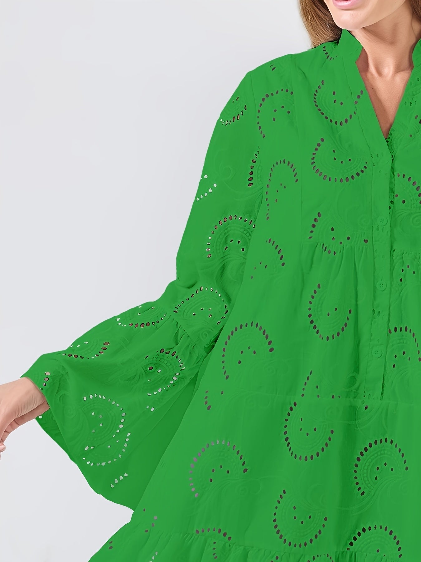 Elegant Mint Green V-Neck Shirt Dress with Bell Sleeves and Lace Cut-Out Detail - Chic Long Casual Dress for Women, Ideal for Home Gatherings and Parties, Casual Party Dress|Bell Sleeve Dress|Machine Washable Dress, Cute Dresses