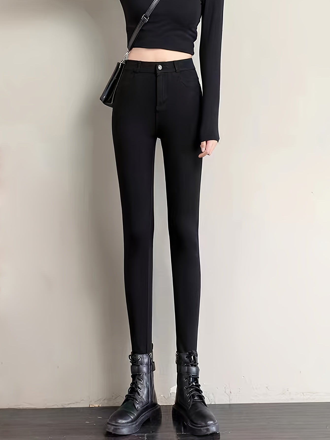 Women'S Fleece-Lined High-Waist Magic Pants - Stretchy, Warm Casual Trousers with Button Detail, Perfect for Fall/Winter