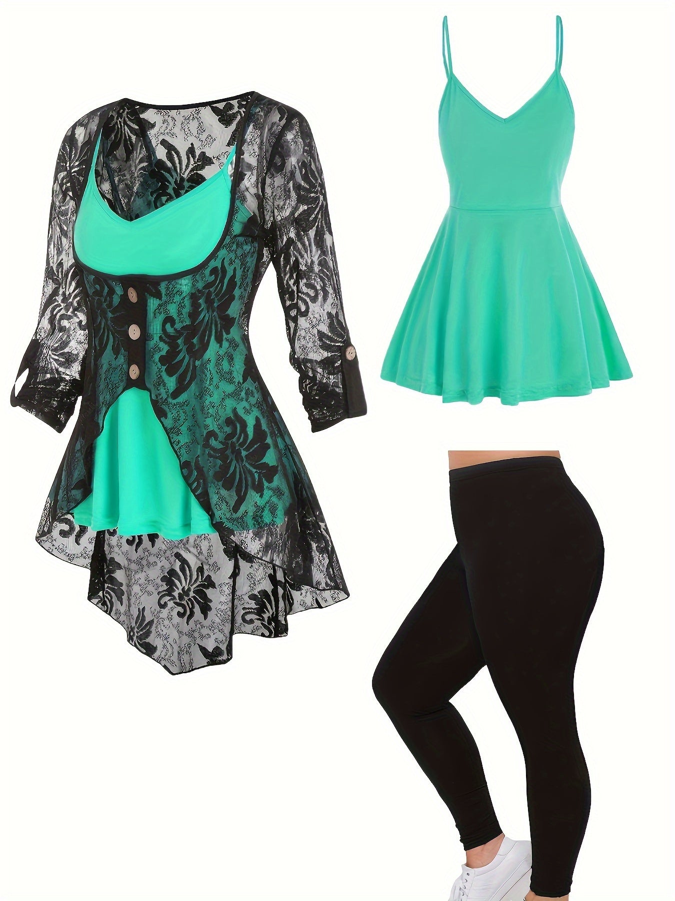 Timeless Plus Size 3-Piece Suit For Women - Lace Button Cardigan + Camisole & Trousers Set, Year-Round Office/Casual/Dinner Outfits 1XL-5XL