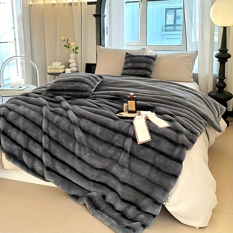 Double Layer Faux Rabbit Fur Throw Blanket - Ultra Soft Warm All Season Double Sided Versatile for Sofa Travel Camping Office Child Blanket Pet Modern Striped Design Machine Washable Indoor Outdoor Use