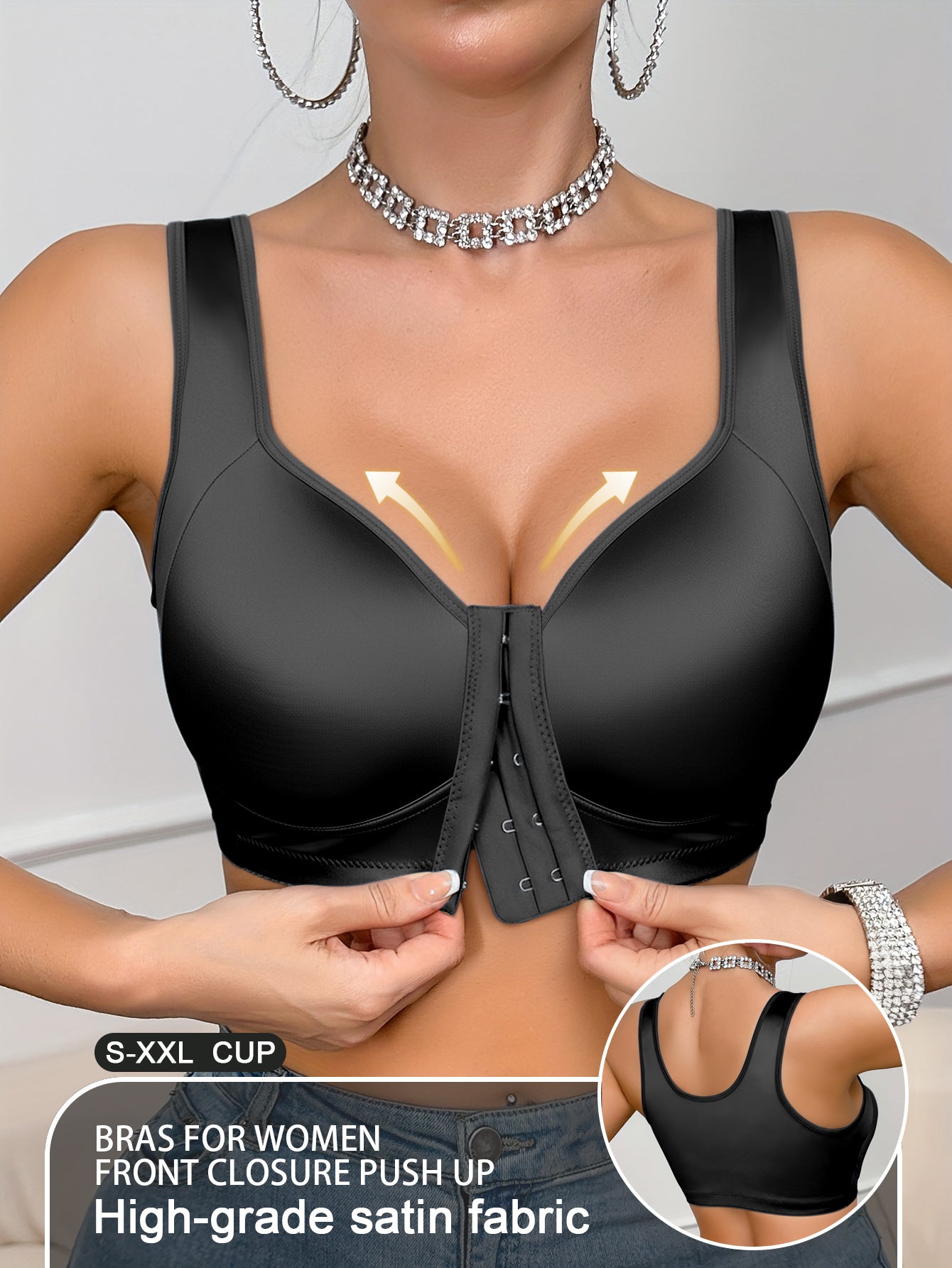 This 1pc Women'S Bra Is Made of High-quality Satin Fabric Without Underwire. It Features A Smooth Front Buckle Design, Providing Comfort and Strong Support. It Is Suitable for People with Large Breasts for Daily Wear and Formal Occasions. It Offe