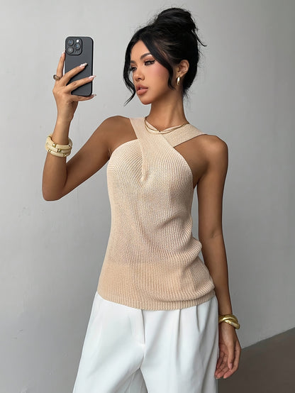 Casual, Niche Design, Crossover Neck Sweater, Summer Women'S Clothing, Sleeveless Top For Women.