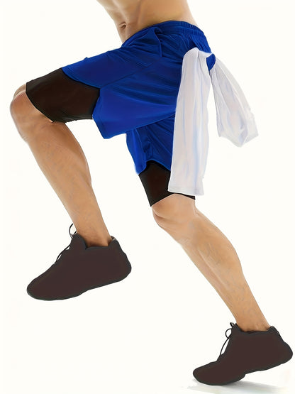 3pcs Men's 2-in-1 Double-layer Shorts with Inner Pocket, High Stretch Sports Shorts, Suitable for Summer Running, Gym Exercise And Training