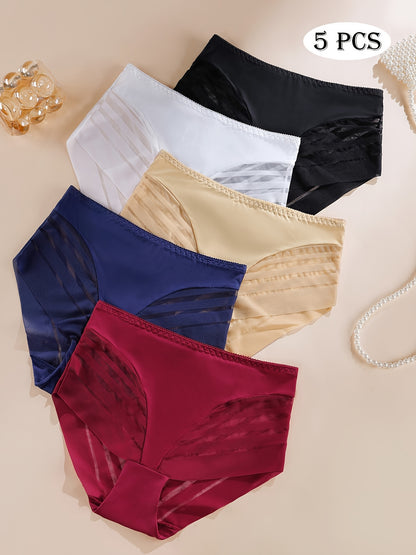 5pcs Sexy Lace Ladies Panties Mid Waist Hip Lift Breathable No Trace Comfortable Stripe Ladies Triangle Pants