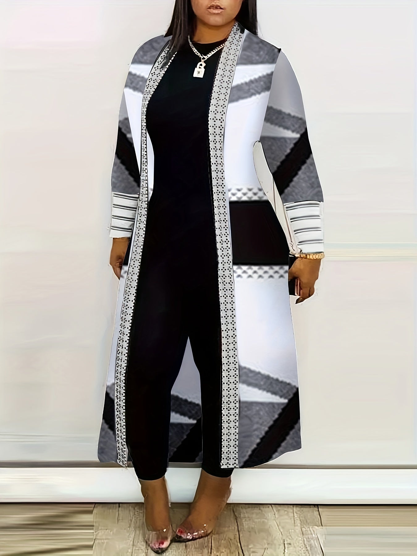 Home Relaxation| Women's Plus Size Geometric Print Open Front Cardigan - Casual Long Sleeve, Lightweight Knit Coat for Spring & Fall, Machine Washable, Lightweight Cardigan
