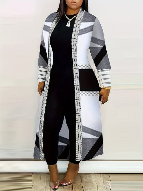 Home Relaxation| Women's Plus Size Geometric Print Open Front Cardigan - Casual Long Sleeve, Lightweight Knit Coat for Spring & Fall, Machine Washable, Lightweight Cardigan