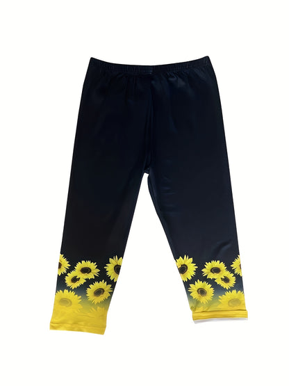 Plus Size - Plus Size - Plus Size Capri Leggings for Women Featuring a Sunflower Print - Stretchy, Slim Fit, Mid-Calf Length with an Elastic Waistband And Ankle Straps, Machine Washable