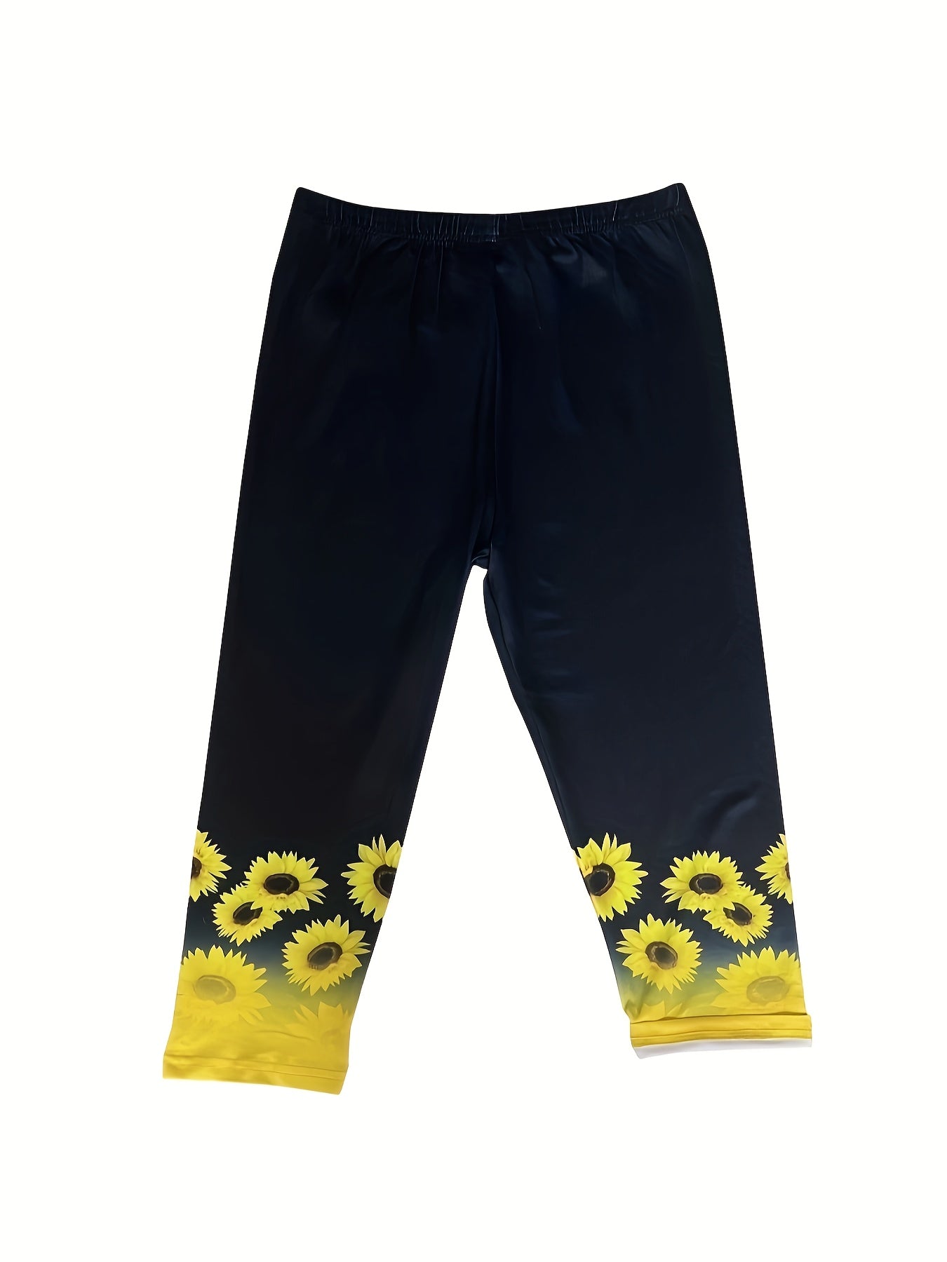 Plus Size - Plus Size - Plus Size Capri Leggings for Women Featuring a Sunflower Print - Stretchy, Slim Fit, Mid-Calf Length with an Elastic Waistband And Ankle Straps, Machine Washable
