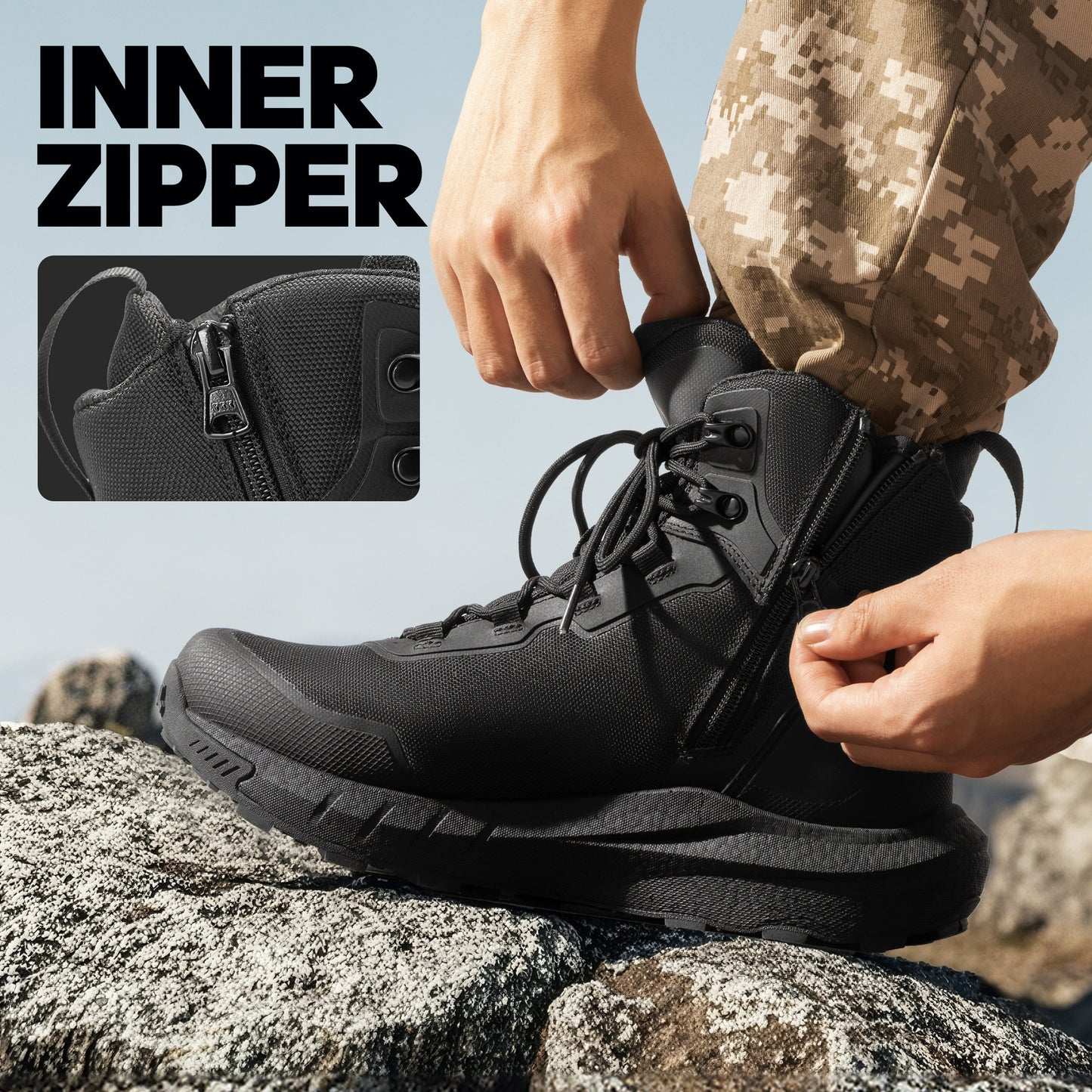 Men's Tactical Hiking Boot Lightweight Cushion Sole Boots for Work All Day Side Zipper Motorcycle Combat Boot 8 Inches