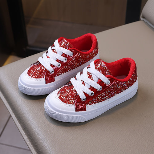 Children's Skate Sneakers, 1 Pair/pack. Spring - Autumn Style. Sequins Add Childlike Charm. Classic Lace - Up. Soft, Breathable Inner Lining. High - Quality Elastic Sole. Easy On/off. Ideal for School, Festival Gatherings, And Sports - Casual Wear.