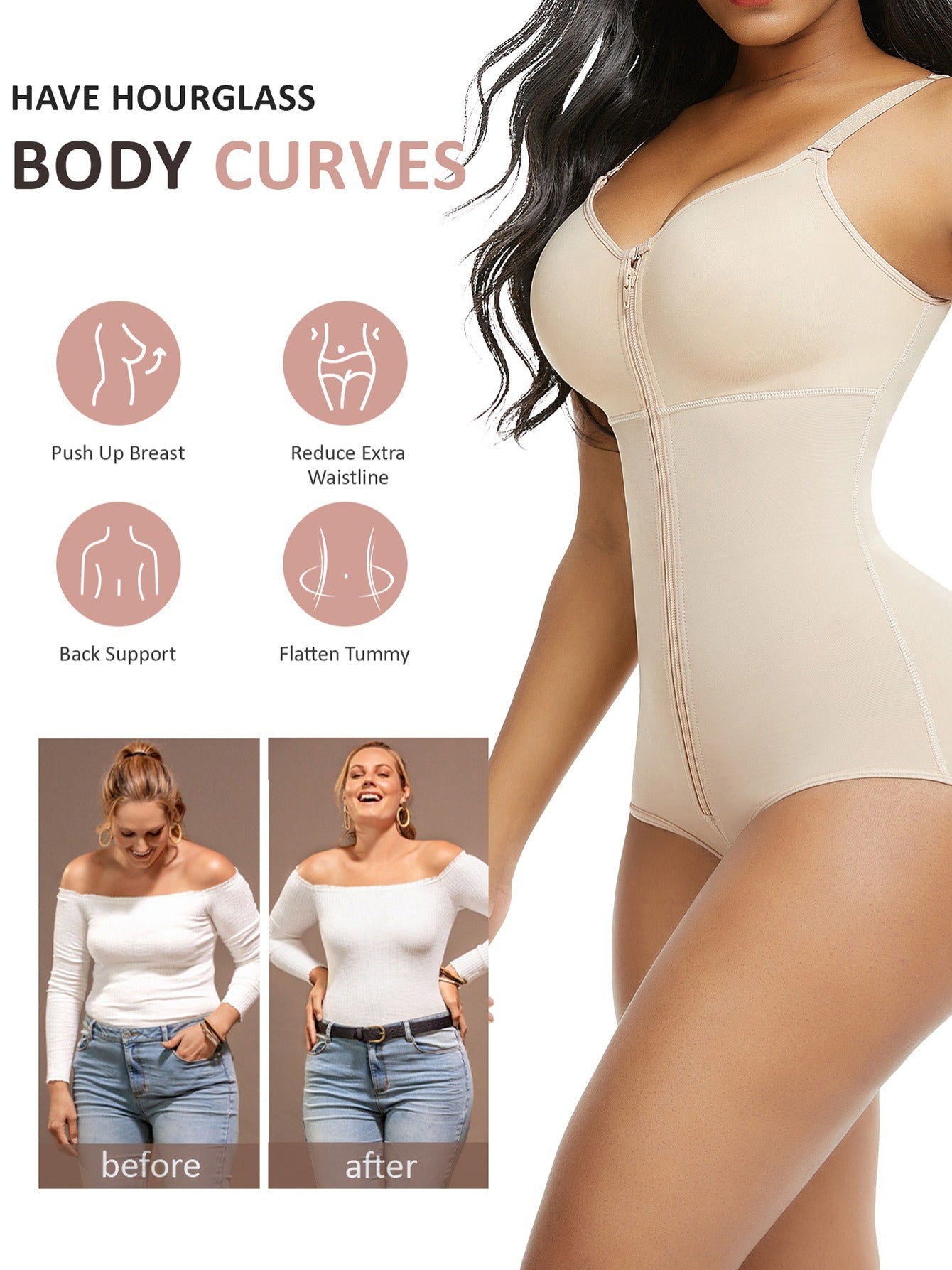 Colombianas Body Shaper Tummy Control Shapewear Zipper Full Bust Corset Bodysuits