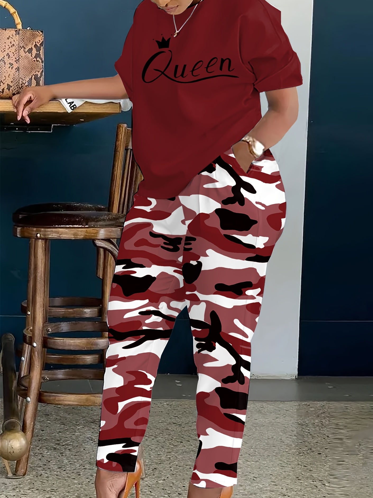 Plus Size - LADIES' Plus Size Daily Fashion Casual Set: Letter Print Crew Neck Short Sleeve T-shirt + Camouflage Long Pants With Pockets