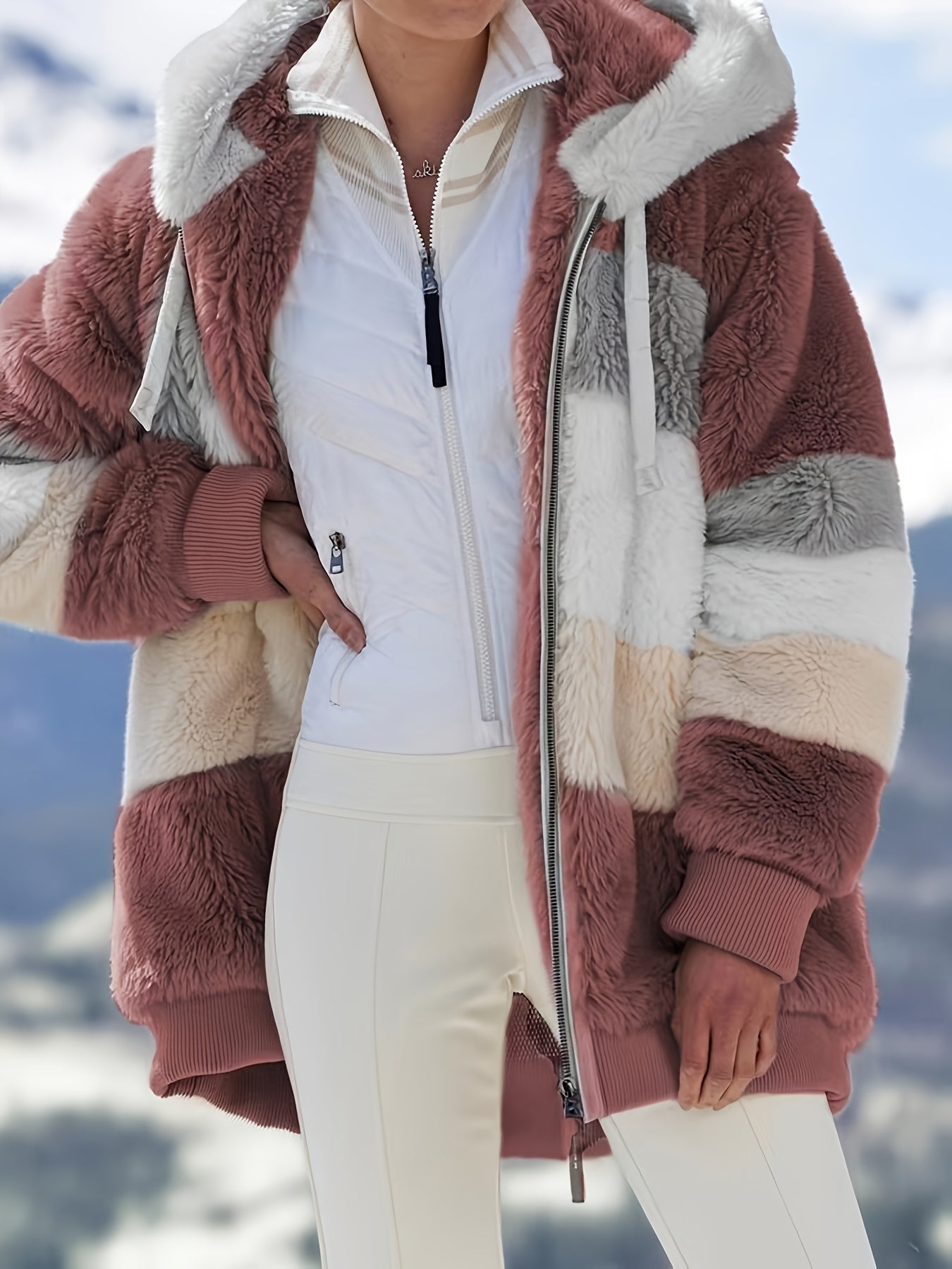 Winter And Autumn Warm Plush Quilted Zipper Pocket Hooded Loose-fitting Women'S Coat