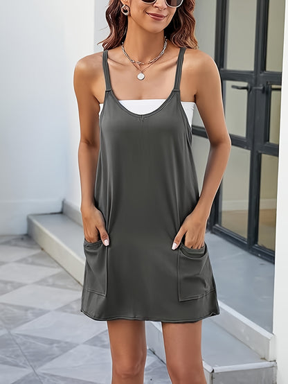 Women'S Summer Sleeveless Mini Dress, Style with Thin Straps, Short Dress Featuring Pockets