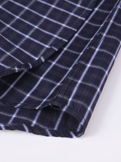 Men's Navy Blue & White Plaid Cotton Long-Sleeve Shirt - product view 10