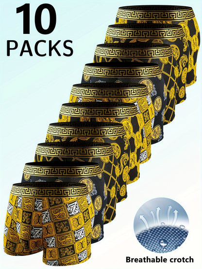 10 Random Piece Set Black Golden Luxury Style Men's Boxer Briefs, Skin-Friendly Breathable Comfortable Boxer Shorts, Elastic Sports Shorts, Men's Casual Daily Basic Underwear