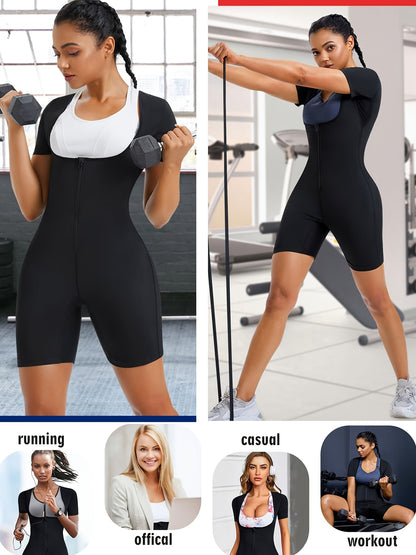 1pc JUNLAN Women' Sauna Suit Full Body Shaper Workout Vest & Shorts - 3-in-1 Waist Trainer, Sweat Vest with Sleeve Top & Shorts, Zipper Closure Tummy Gym Suit for Sauna Training, Fitness, Year-Round Wear (Hand Washable)