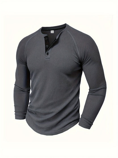 Men's Solid Color Casual Shirt - Crew Neck Long Sleeve