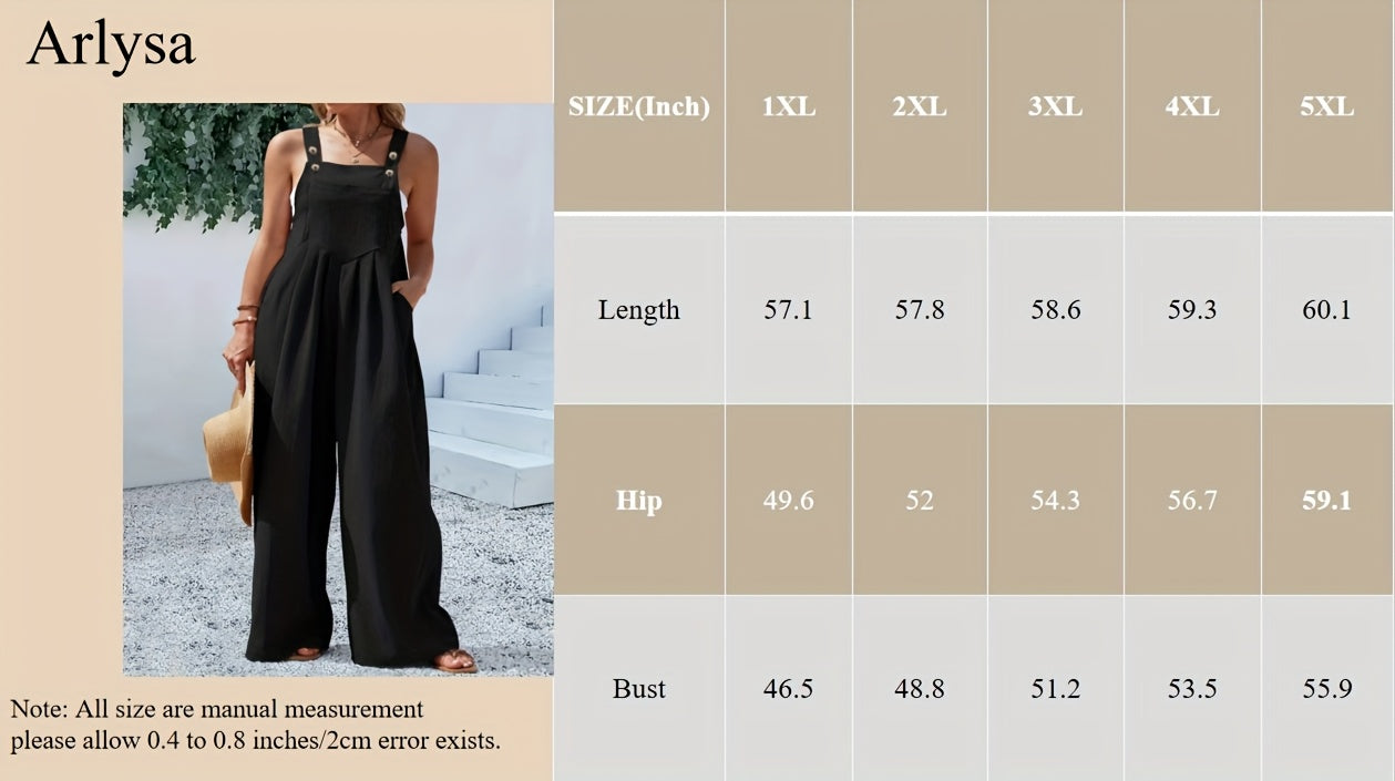 Plus Size - Plus Size - Autumn And Winter Curve Casual Women'S Button Jumpsuits - Back Tie Button Design, Casual Black, Thin Thickness, Loose - Elegant And Casual Jumpsuits