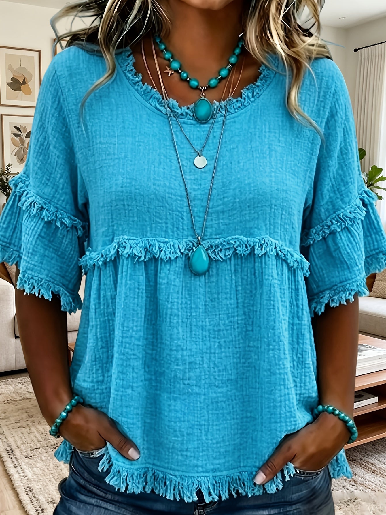Women'S Round Neck Short Sleeve Casual Blouse with Fringed Trim