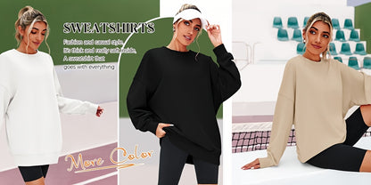 Women's Oversized Long Sleeve Sweatshirts Pure Color Round Neck Casual Pullover Shirt