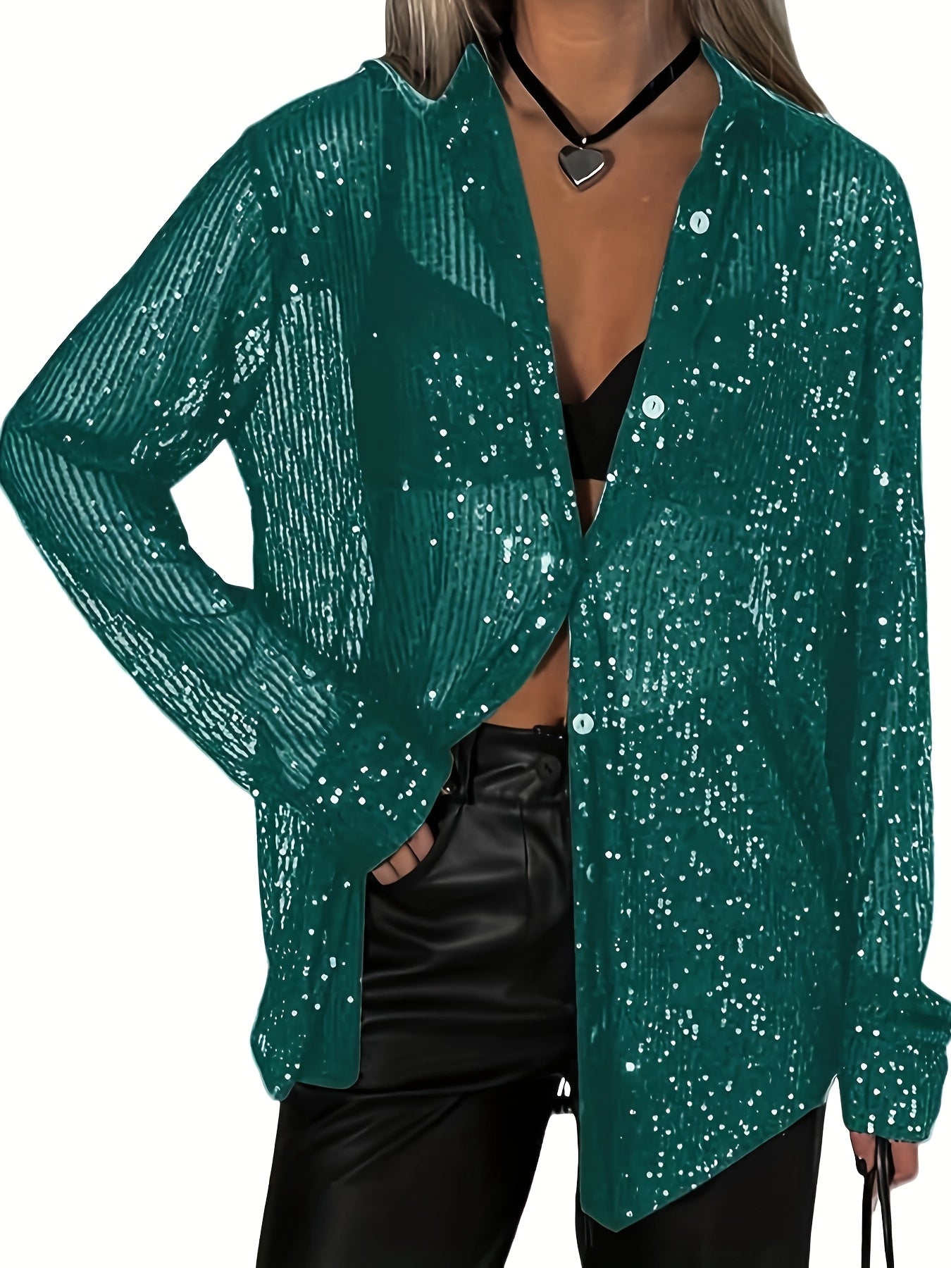 Ladies' Long-Sleeve Collared Shirt with Sequins, Featuring a Button- Open Front, Loose Fit Blouses, And Tops