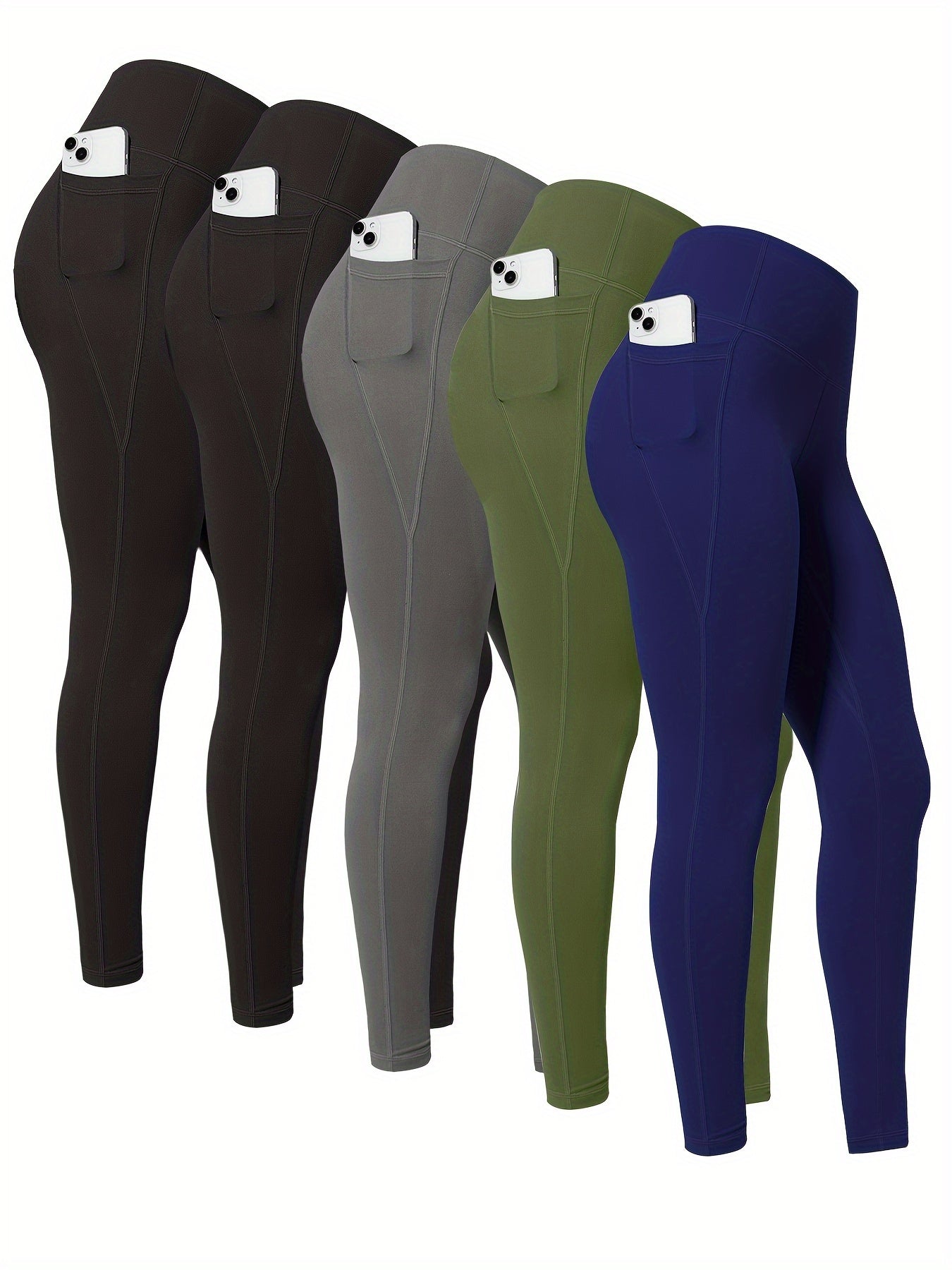 5pcs Women' High Waisted Cropped Leggings with Pockets - Full-Length Suitable for & Casual Attire, Non-Sheer Tummy Pants, Machine Washable Stretchy Base Layer for,, Layering (Year-Round)