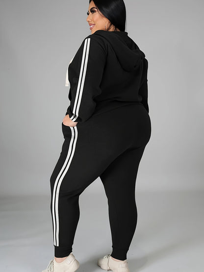 Women's Plus Size Tracksuit Set - Long Sleeve Hooded Loungewear and Sweatsuit Sets with Pockets, Polyester and Elastane