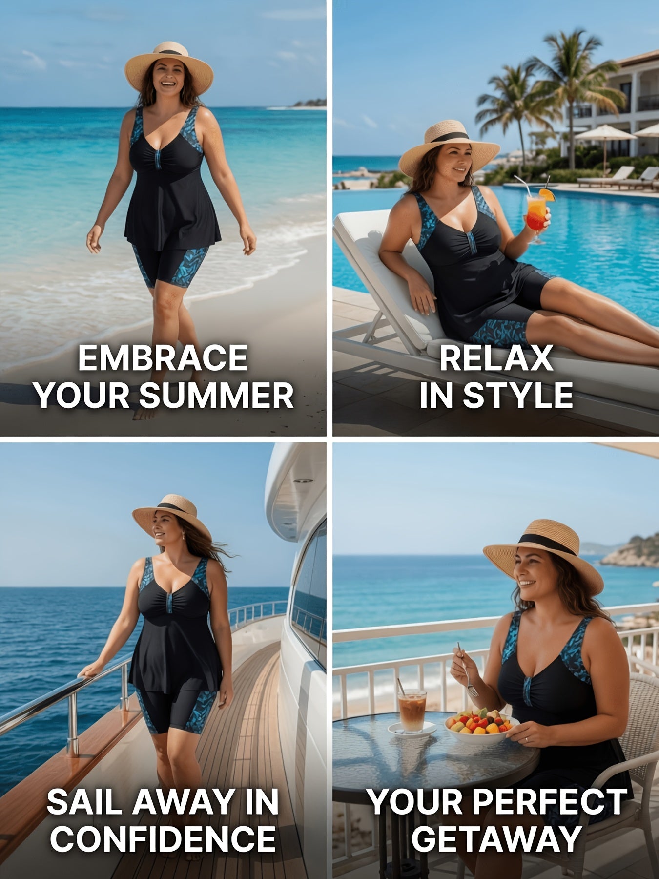 Plus Size Tankini Swimsuit for Women - Tummy Control 2pcs Bathing Suit with Shorts, Black & Turquoise Printed Racerback Tankini Top with Built-in Bra, Modest Swimwear for Beach, Pool, Cruise Vacation & Summer Holidays