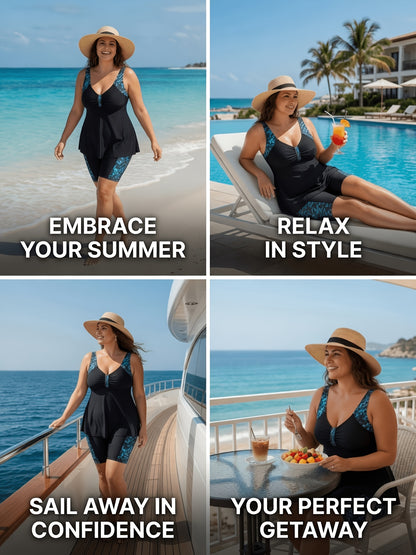 Plus Size Tankini Swimsuit for Women - Tummy Control 2pcs Bathing Suit with Shorts, Black & Turquoise Printed Racerback Tankini Top with Built-in Bra, Modest Swimwear for Beach, Pool, Cruise Vacation & Summer Holidays