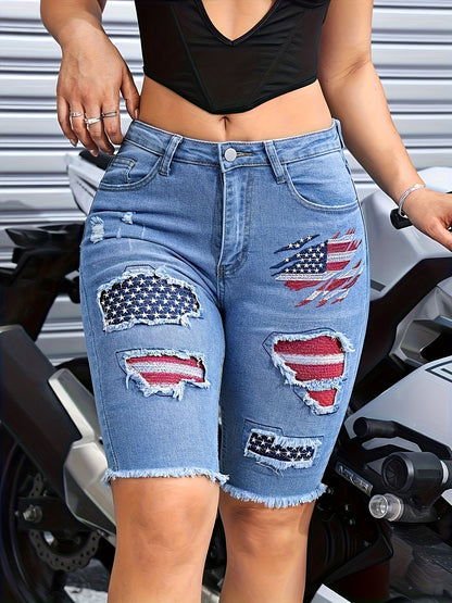 Women's Jeans Embroidered with The American Flag, Tight Fitting Ripped Elastic Bermuda Summer Shorts, Essential Clothing for Comfortable Spring And Summer Outfits